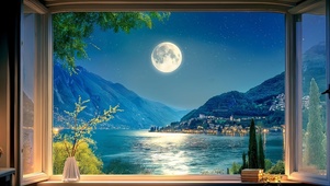 清新夜晚窗边湖泊