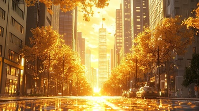 金色黄昏落日城市街景