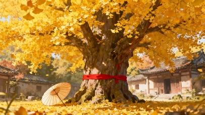 银杏树下油纸伞