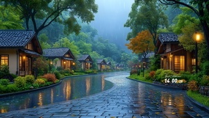 山间雨中城镇