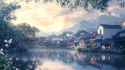 绚丽夕阳下的水乡建筑