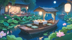 夏夜小船赏月