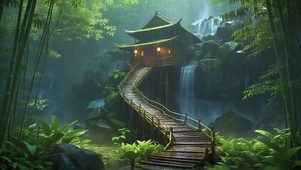 瀑布边的竹楼小屋