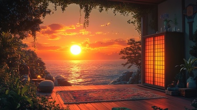 窗前的海边日落