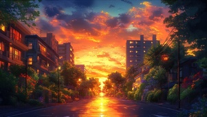 绝美晚霞浪漫城市街景