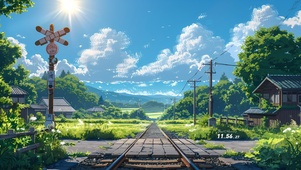 夏日铁轨蓝天绿树