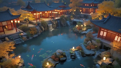 夜晚秋日锦鲤庭院