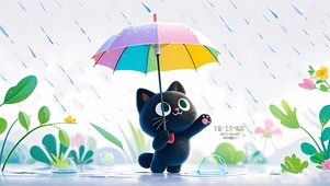 雨天撑伞黑猫
