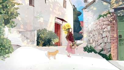 清新小镇的女孩与狗