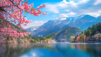 唯美四月樱花湖水