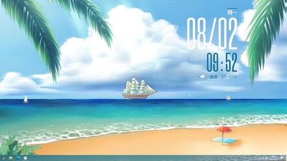 椰树、沙滩、大海、帆船、白云