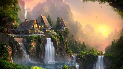 傍晚瀑布小木屋