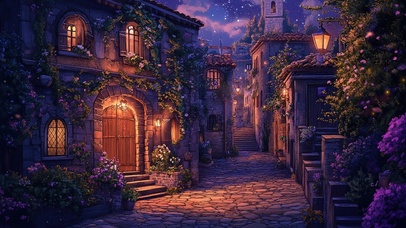 小镇的紫色静谧夜晚