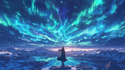 俯瞰唯美极光雪山风景的少女