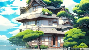 湖边长满绿植的小屋