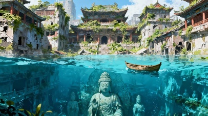 废弃城市水下佛像