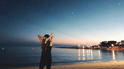 夜、星空、海、灯火、你