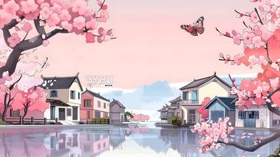 4K樱花云彩湖水