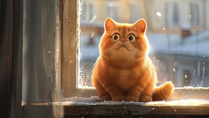 呆萌可爱阳光雪后窗边胖胖橘猫
