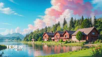 房屋树木河流景色