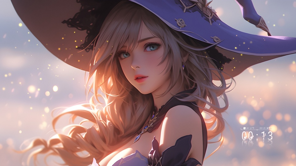 浅棕卷发蓝眼女性戴紫边魔女帽，逆光暖调氛围下散落金色光斑