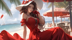 夏日海滩红裙少女