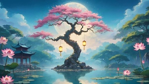 月下湖心樱花树