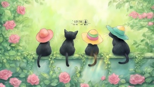院墙上四只猫咪