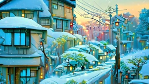 唯美冬季下雪城市街道