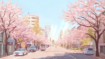 樱花树下的街景