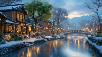 冬日傍晚湖畔房屋