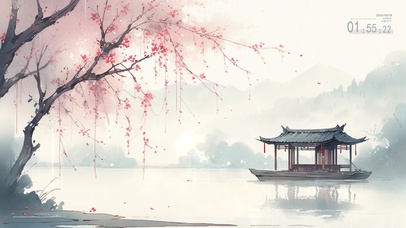 桃花夹岸平湖水