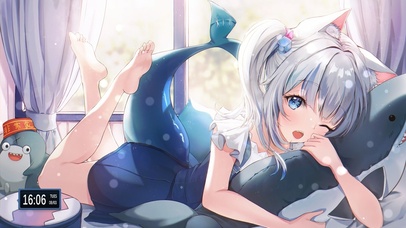 4K 可爱猫耳少女和鲨鱼