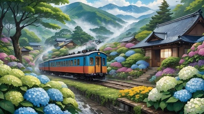 雨中绣球花海列车