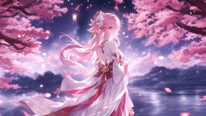 雪墨壁纸丨八重神子丨夜湖樱影丨