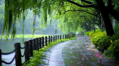 4k雨天柳树小路