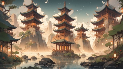 飘雪下的亭台楼阁