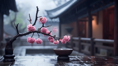 4K唯美古风雨中盆景