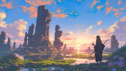 落日晚霞壮观的巨型柱状岩