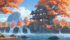 秋天溪边小屋