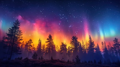 唯美七彩极光松树林