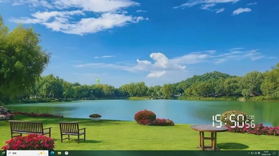 护眼蓝天白云树木河流绿景主题