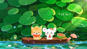 4k 夏日荷花池吃西瓜的小可爱