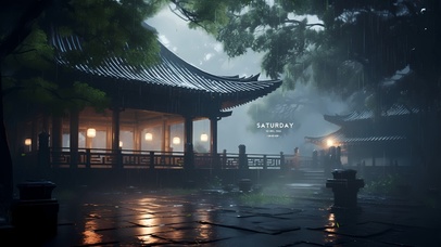 4K雨中庭院夜晚