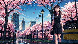 唯美樱花街道少女
