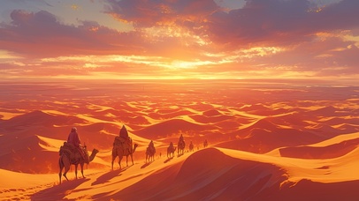 落日沙漠骆驼商队