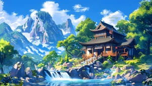 治愈庭院山水画