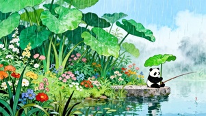 雨中钓鱼的熊猫