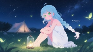 草地抓萤火虫女孩