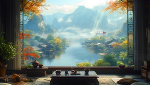 古风饮茶观山	